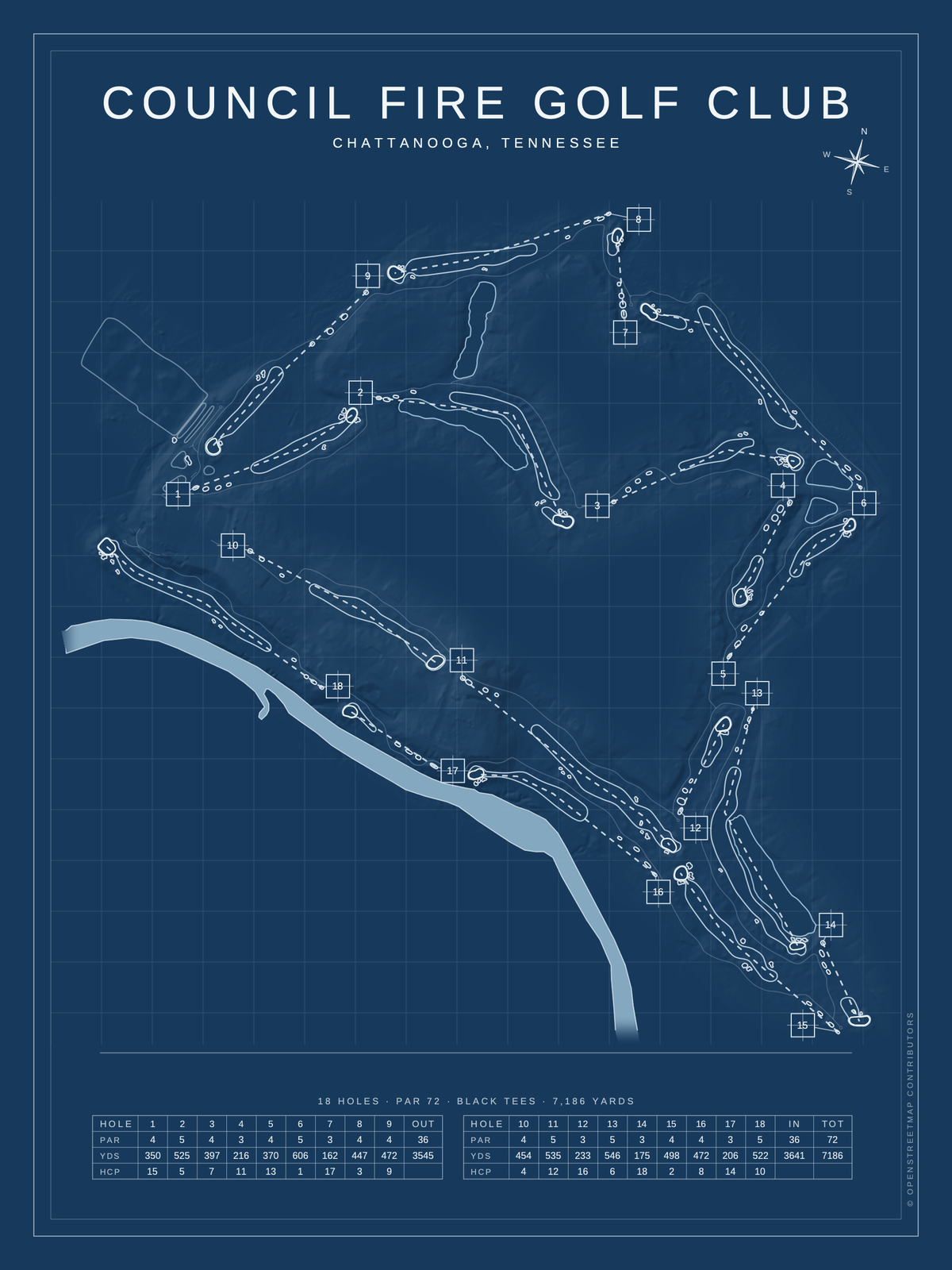 Council Fire Golf Club course map poster, Blueprint style, 12×16 / 18×24