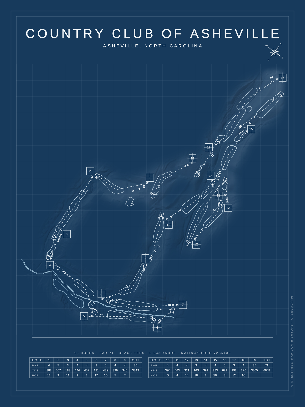 Country Club of Asheville course map poster, Blueprint style, 12×16 / 18×24