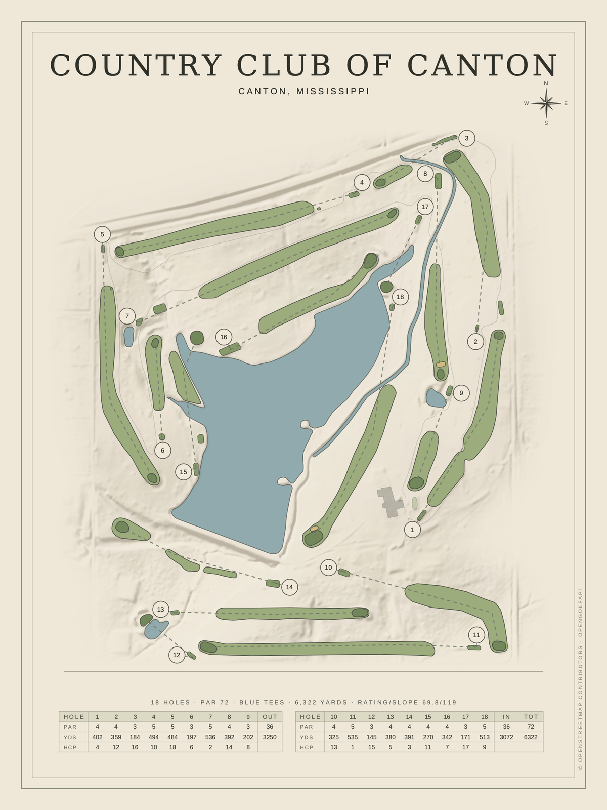 Country Club of Canton course map poster, Classic style, 12×16 / 18×24