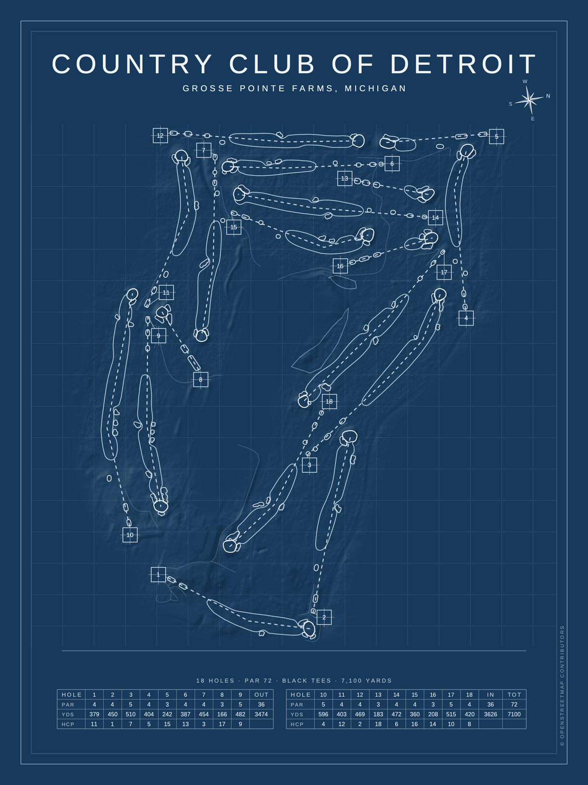 Country Club of Detroit course map poster, Blueprint style, 12×16 / 18×24