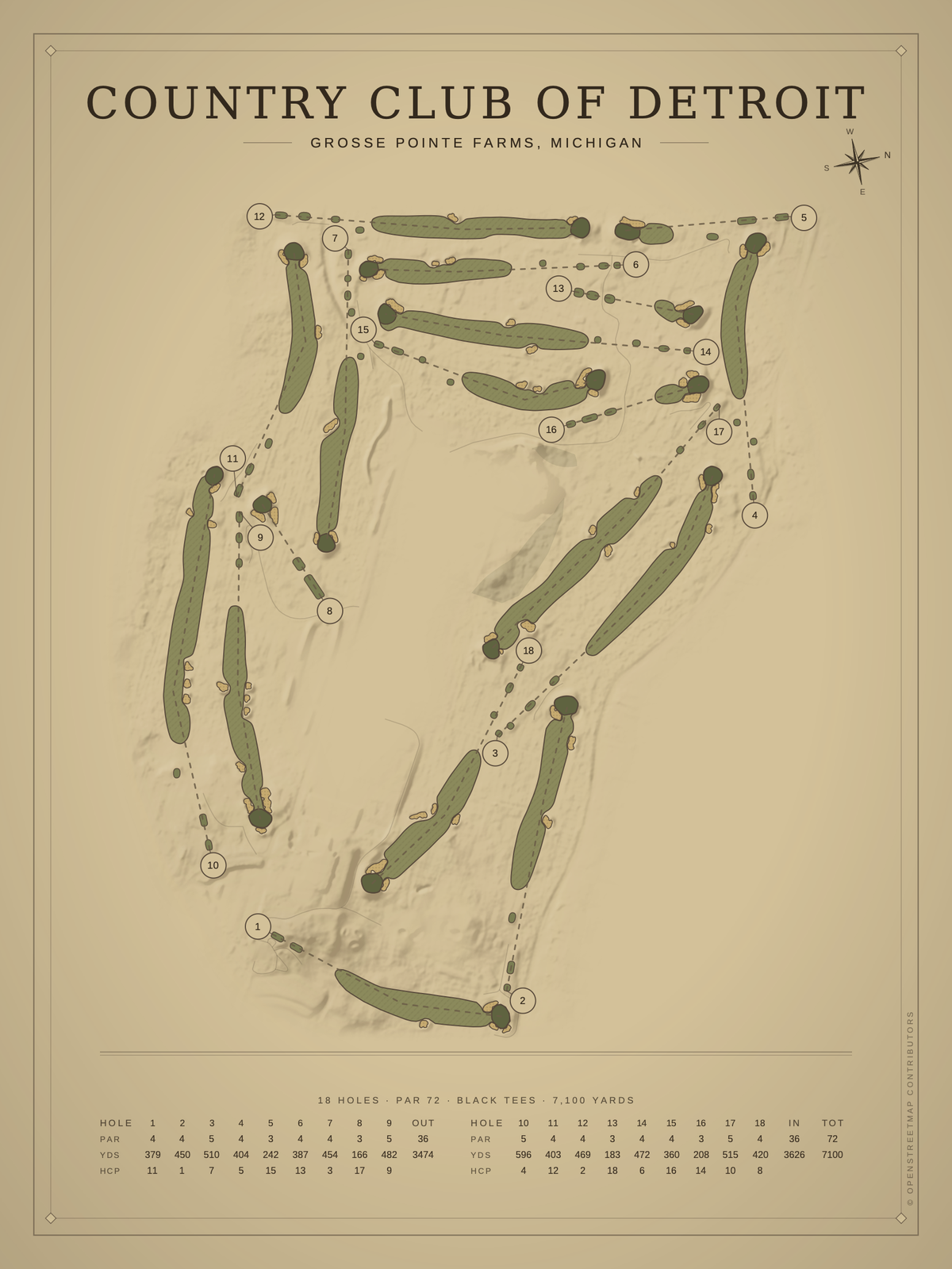 Country Club of Detroit course map poster, Vintage style, 12×16 / 18×24