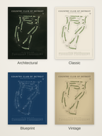 Country Club of Detroit course map poster in four styles: Architectural, Classic, Blueprint and Vintage