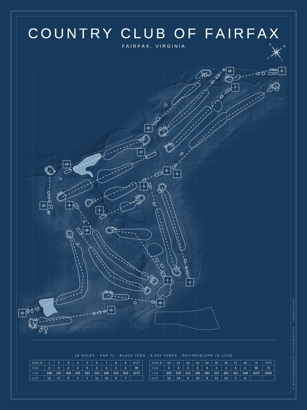 Country Club Of Fairfax course map poster, Blueprint style, 12×16 / 18×24