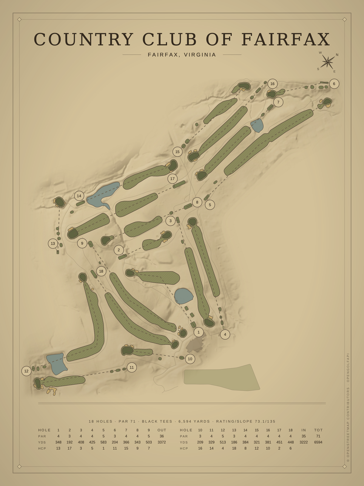 Country Club Of Fairfax course map poster, Vintage style, 12×16 / 18×24
