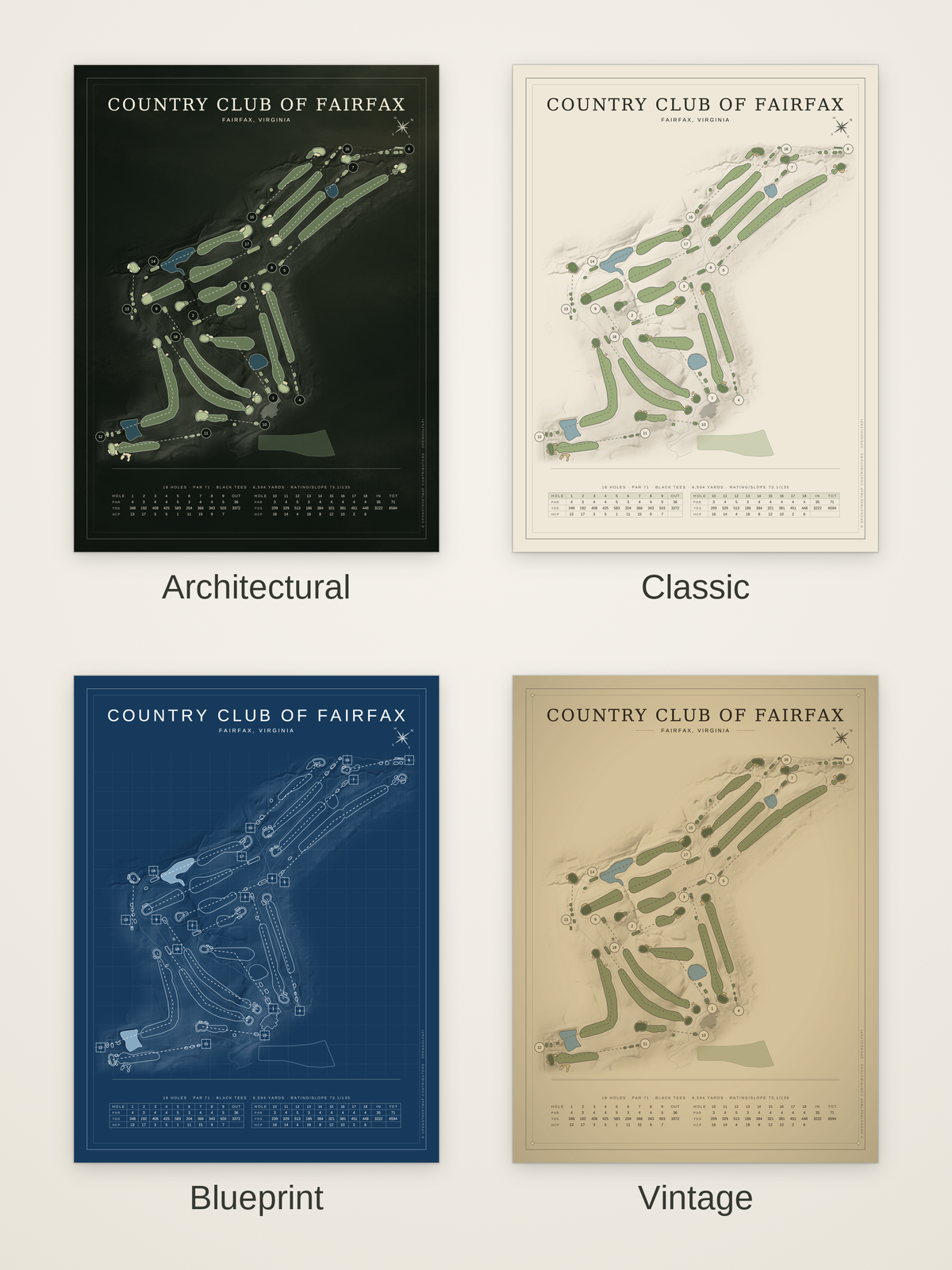 Country Club Of Fairfax course map poster in four styles: Architectural, Classic, Blueprint and Vintage