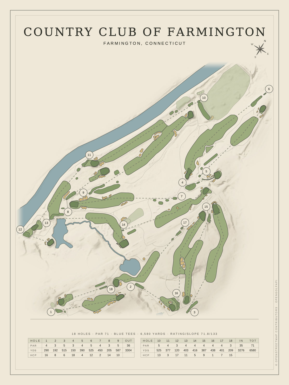 Country Club Of Farmington course map poster, Classic style, 12×16 / 18×24