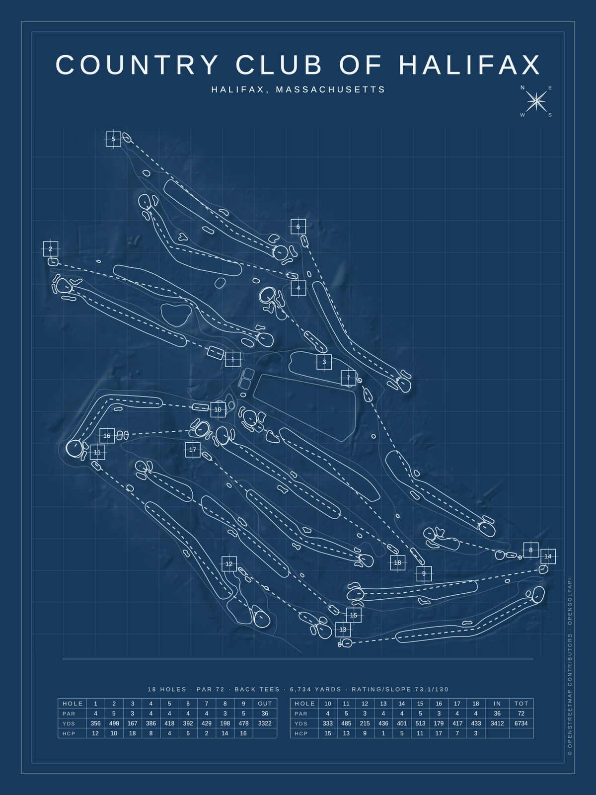 Country Club of Halifax course map poster, Blueprint style, 12×16 / 18×24