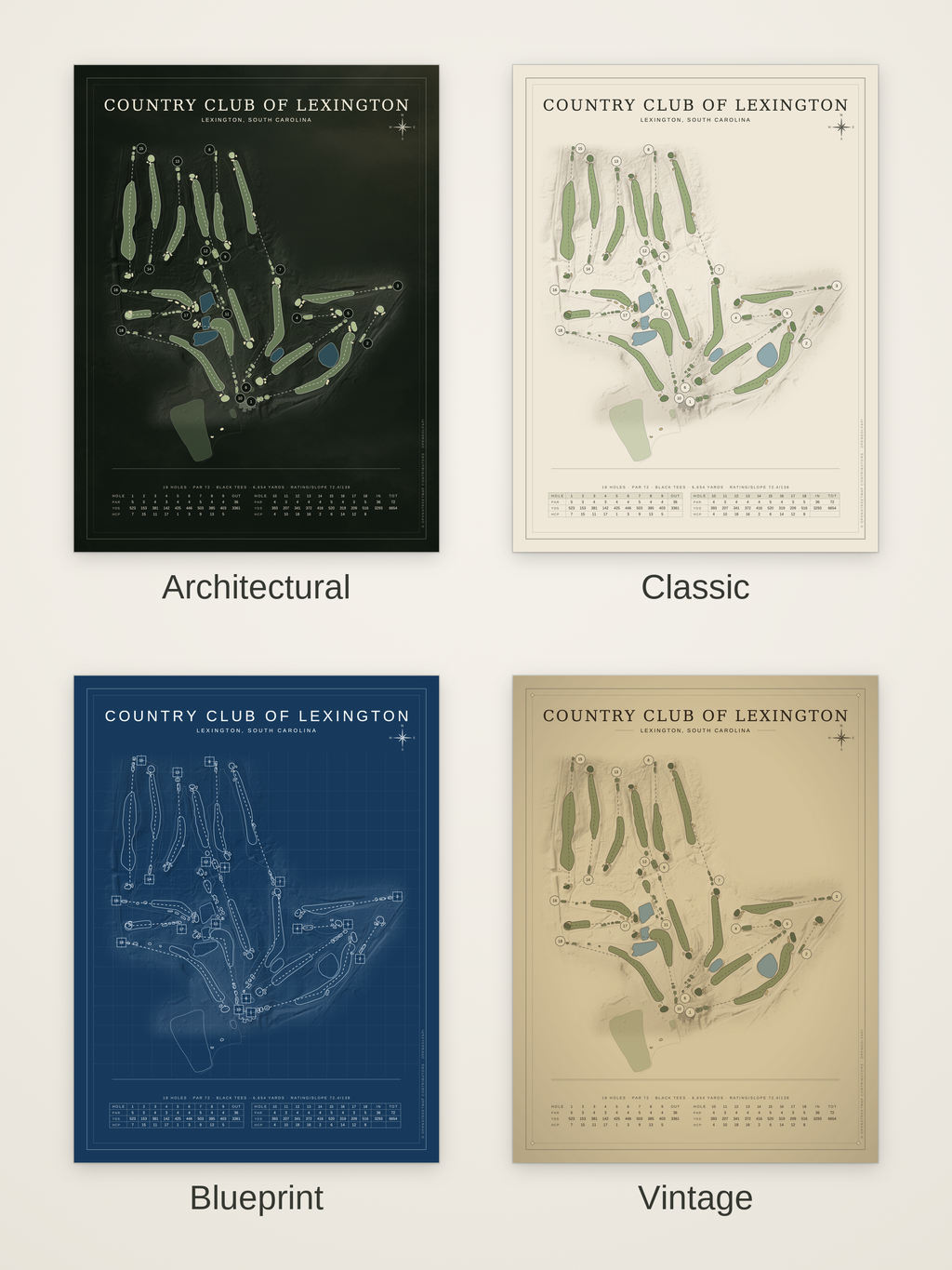Country Club of Lexington course map poster in four styles: Architectural, Classic, Blueprint and Vintage