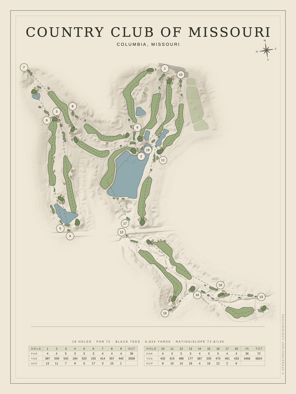 Country Club of Missouri course map poster, Classic style, 12×16 / 18×24