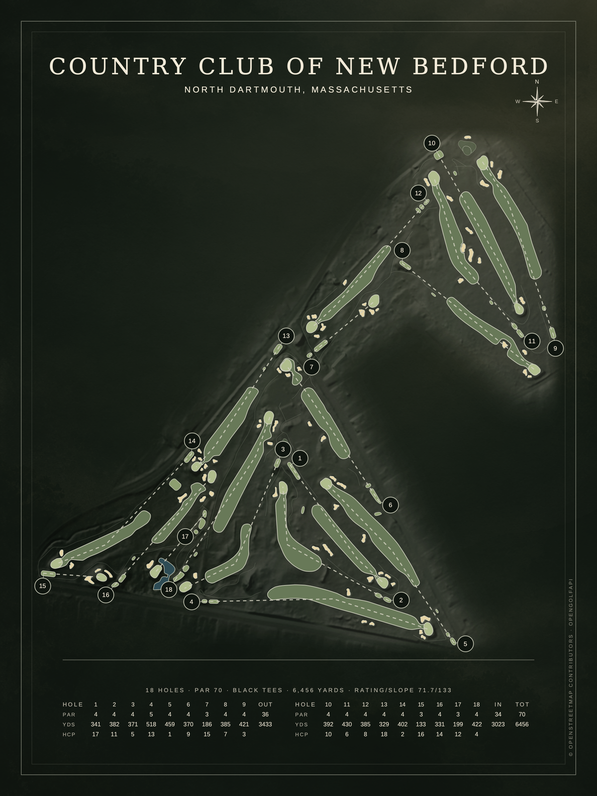 Country Club Of New Bedford course map poster, Architectural style, 12×16 / 18×24