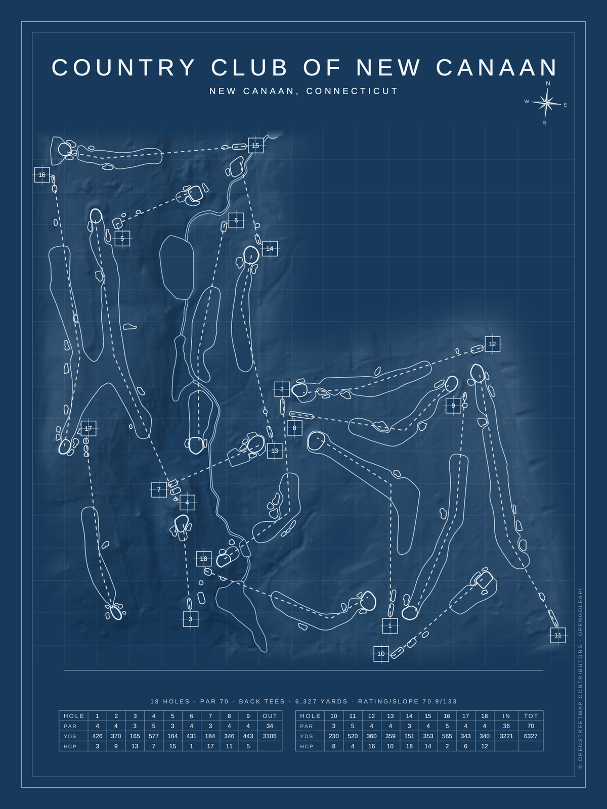 Country Club of New Canaan course map poster, Blueprint style, 12×16 / 18×24