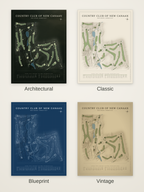 Country Club of New Canaan course map poster in four styles: Architectural, Classic, Blueprint and Vintage