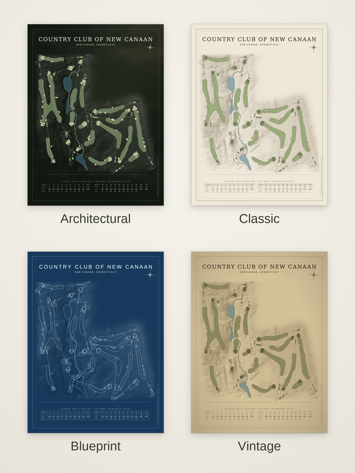 Country Club of New Canaan course map poster in four styles: Architectural, Classic, Blueprint and Vintage