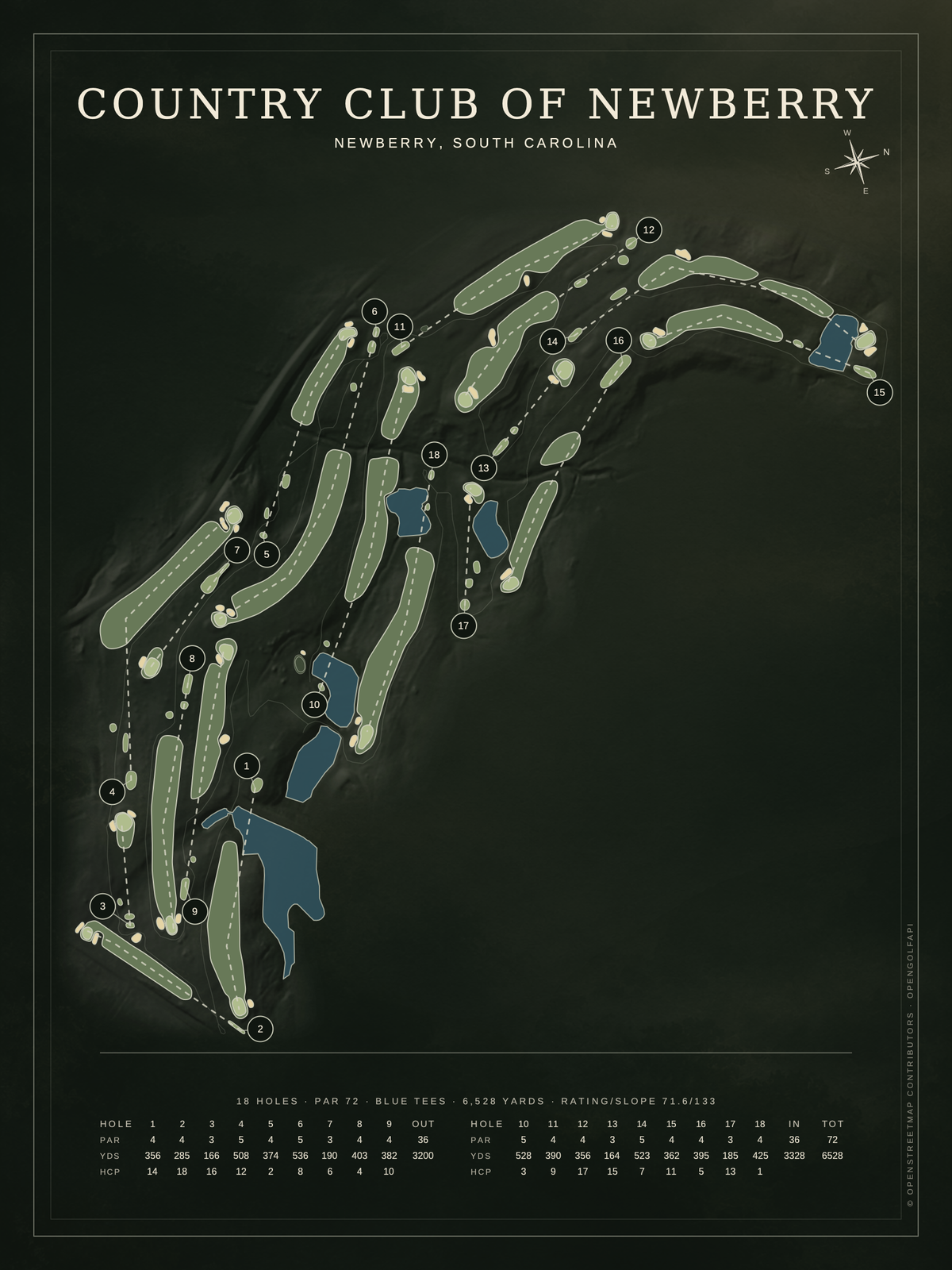 Country Club of Newberry course map poster, Architectural style, 12×16 / 18×24
