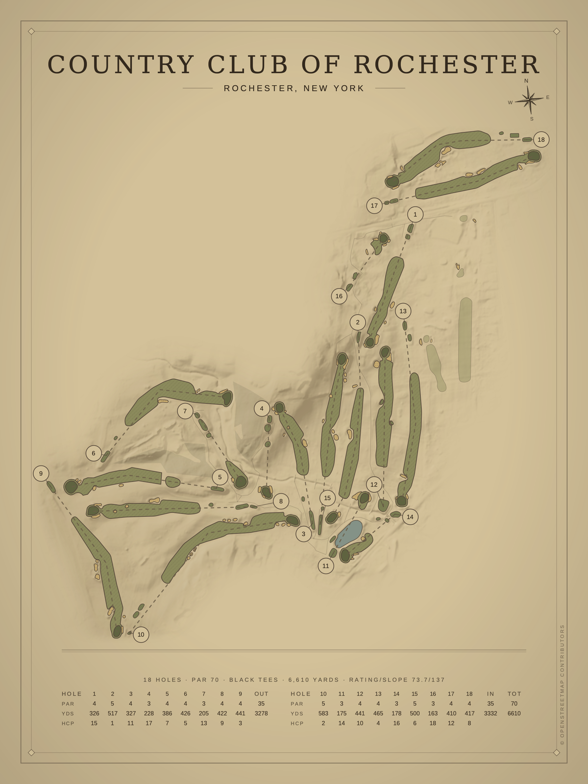 Country Club of Rochester course map poster, Vintage style, 12×16 / 18×24