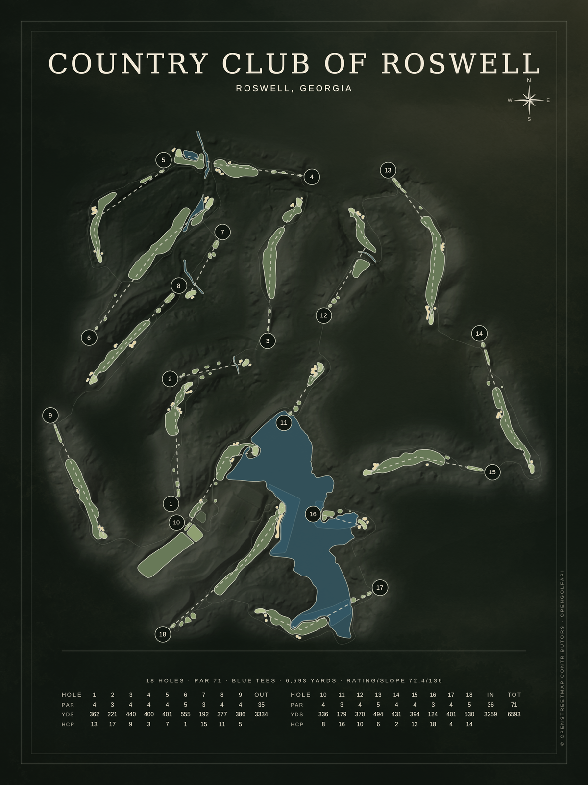 Country Club of Roswell course map poster, Architectural style, 12×16 / 18×24