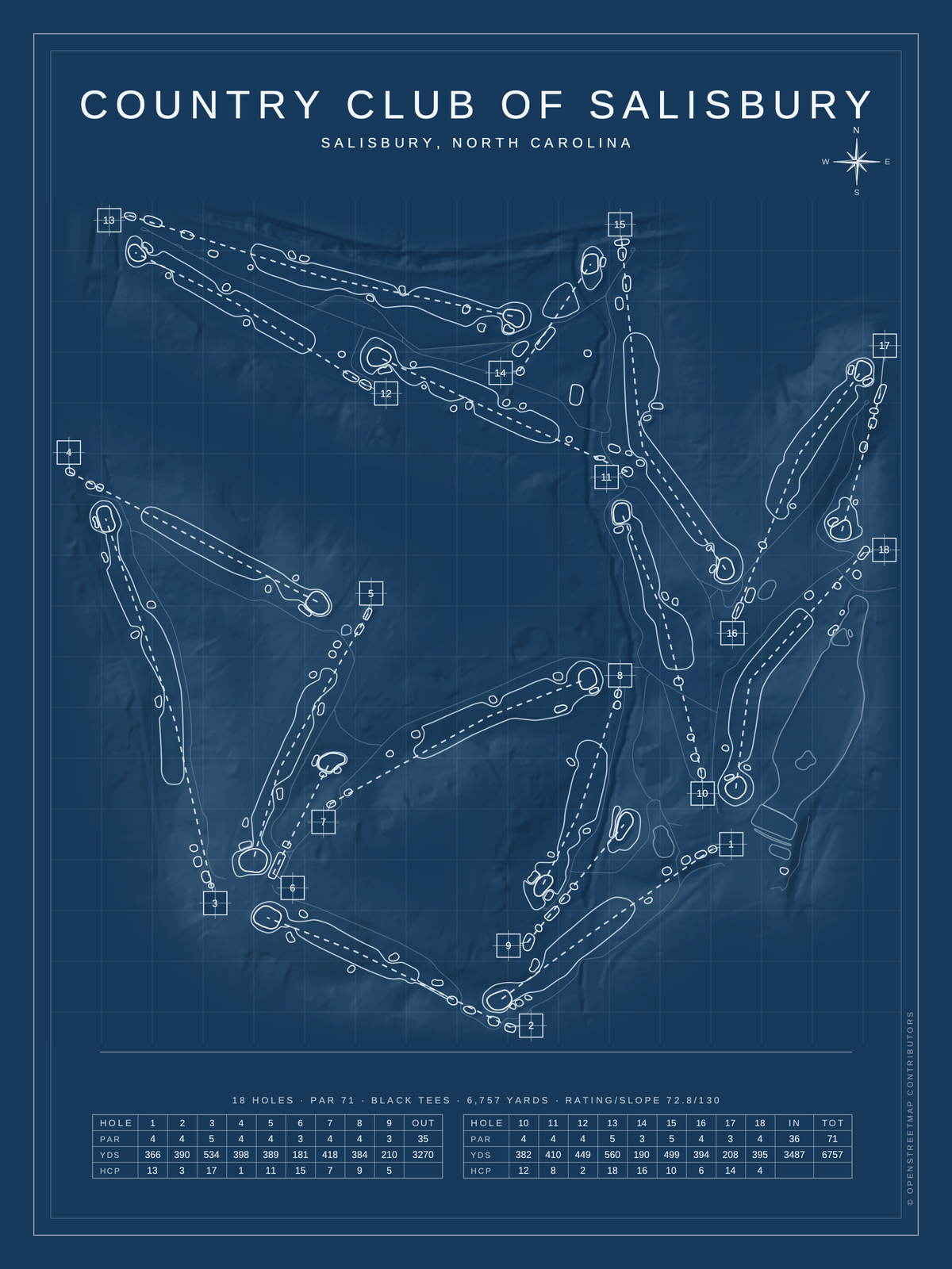Country Club of Salisbury course map poster, Blueprint style, 12×16 / 18×24