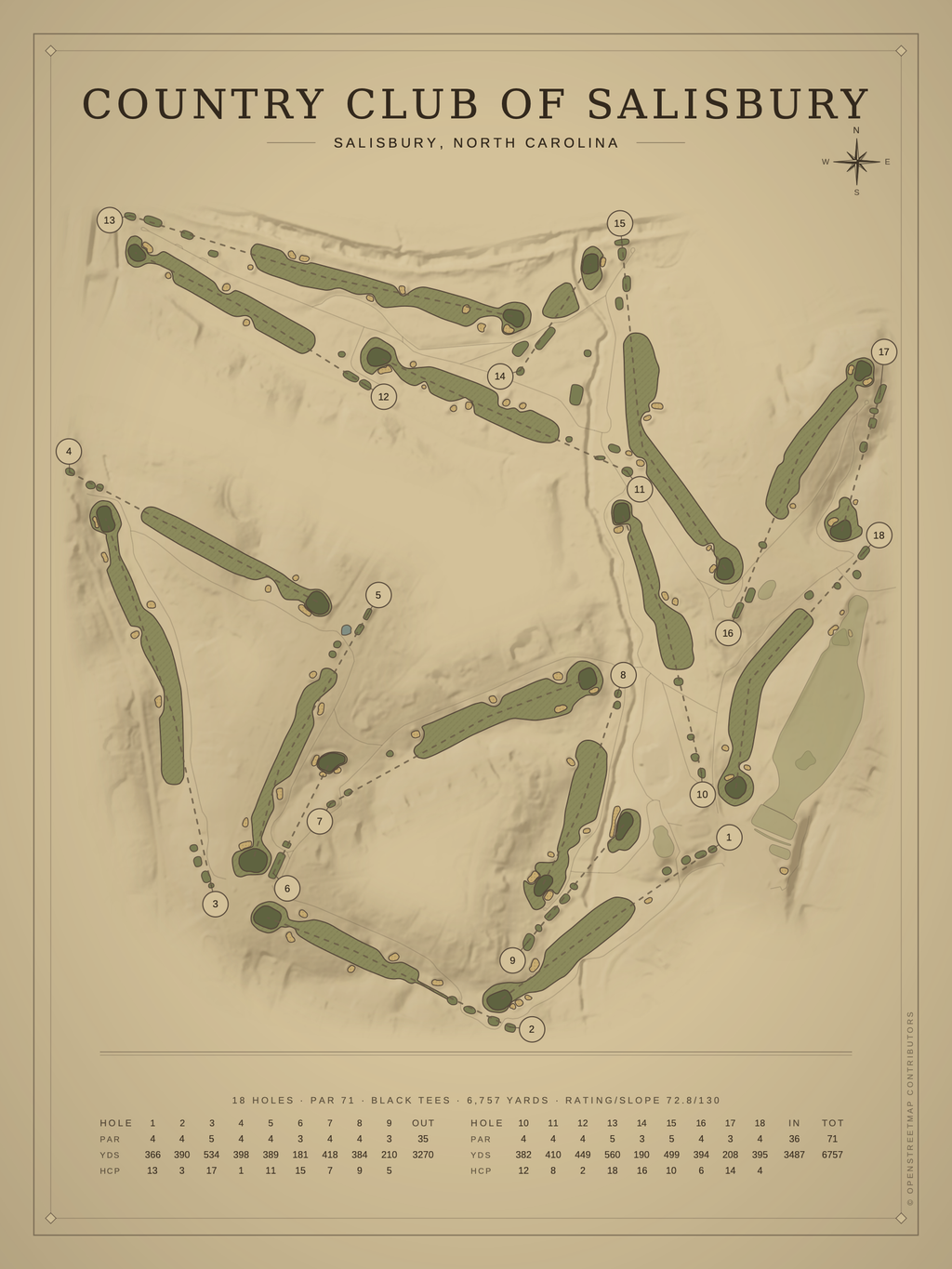 Country Club of Salisbury course map poster, Vintage style, 12×16 / 18×24