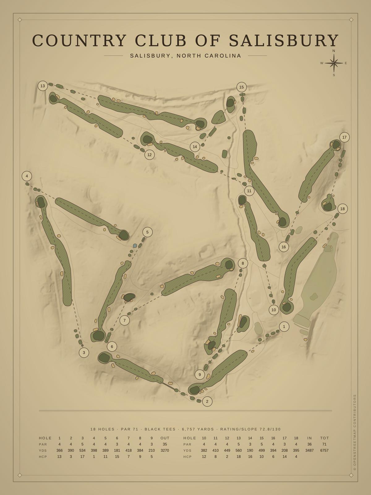Country Club of Salisbury course map poster, Vintage style, 12×16 / 18×24