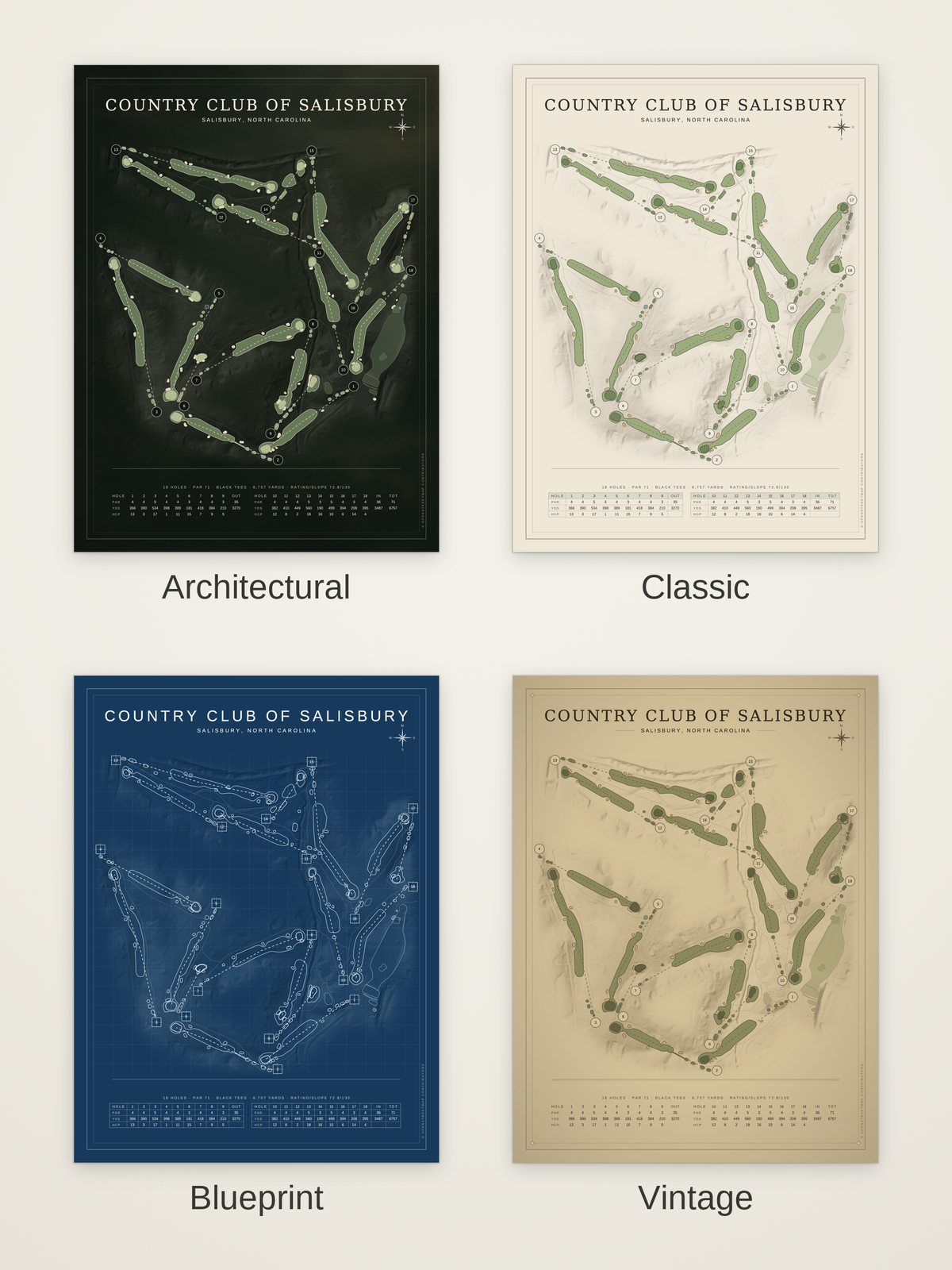 Country Club of Salisbury course map poster in four styles: Architectural, Classic, Blueprint and Vintage