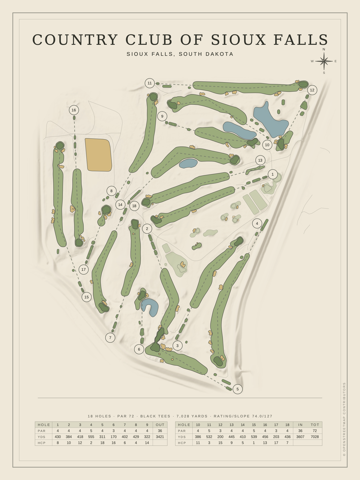 Country Club of Sioux Falls course map poster, Classic style, 12×16 / 18×24