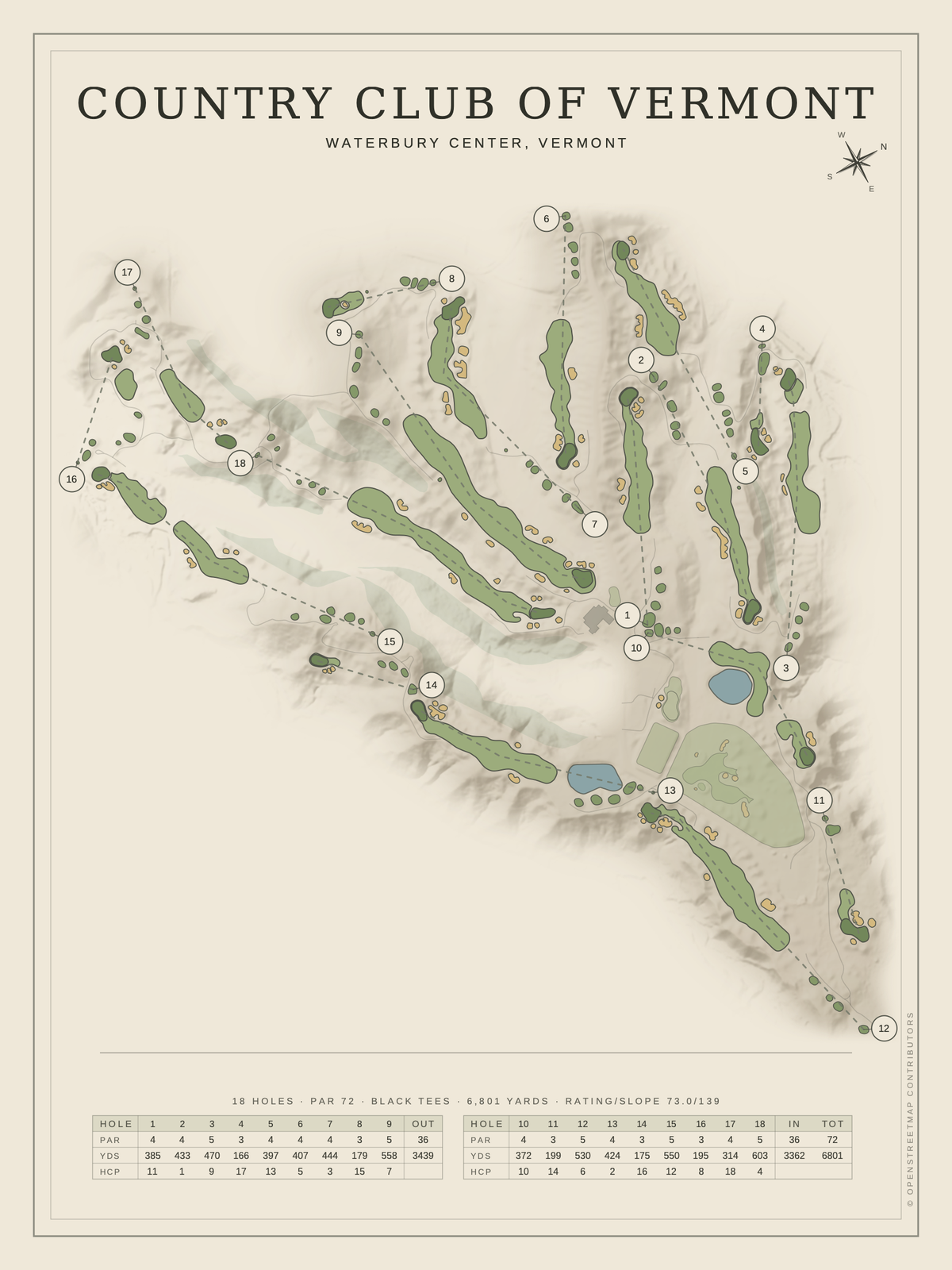 Country Club of Vermont course map poster, Classic style, 12×16 / 18×24