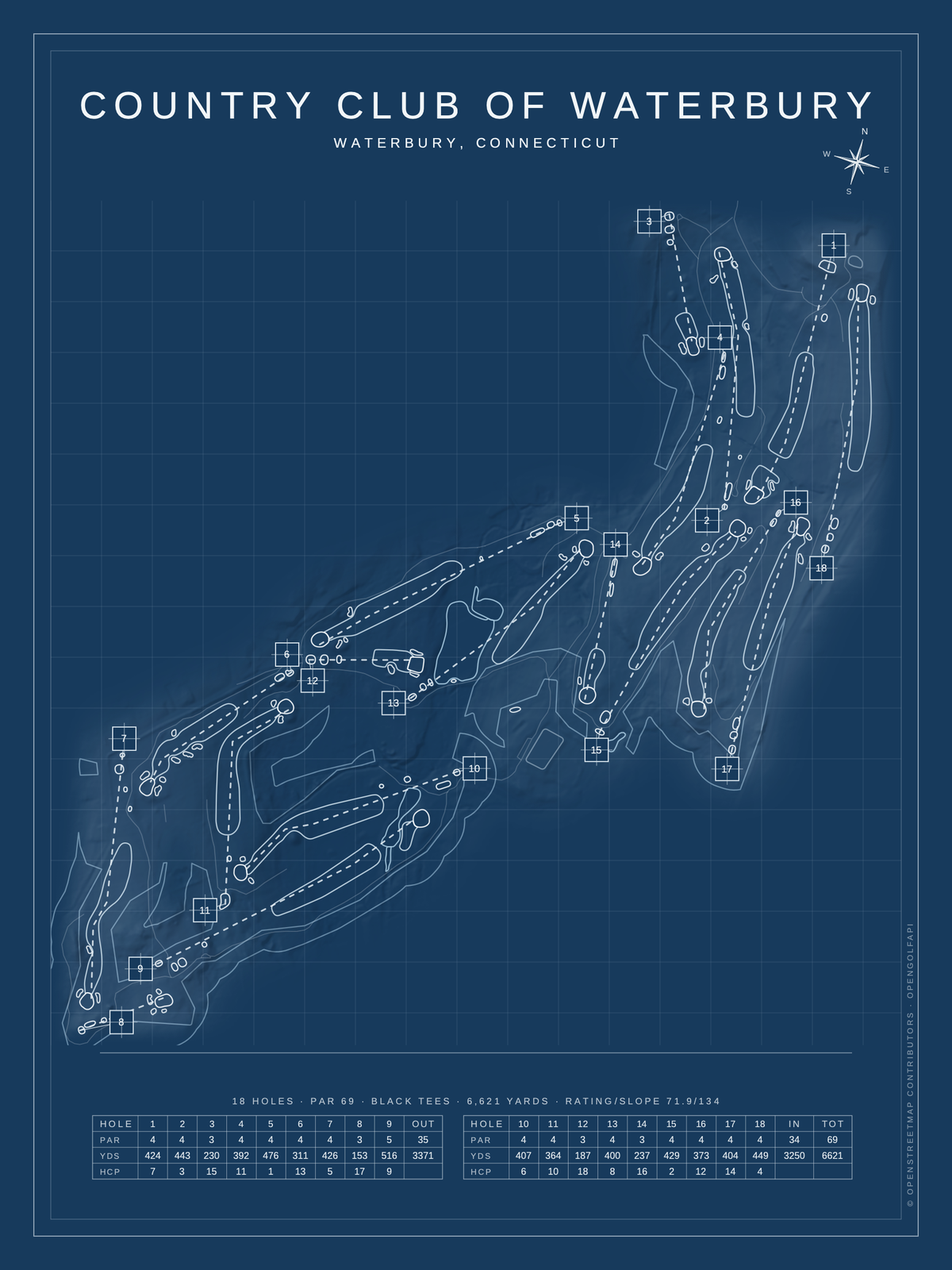 Country Club Of Waterbury course map poster, Blueprint style, 12×16 / 18×24