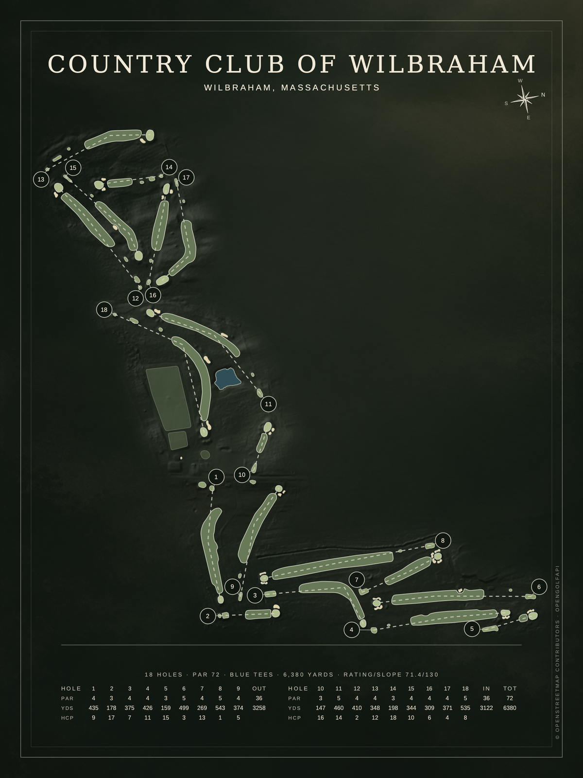 Country Club of Wilbraham course map poster, Architectural style, 12×16 / 18×24