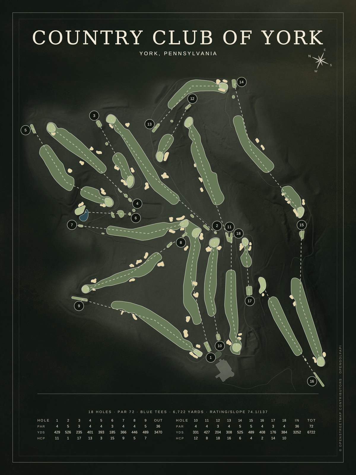 Country Club of York course map poster, Architectural style, 12×16 / 18×24