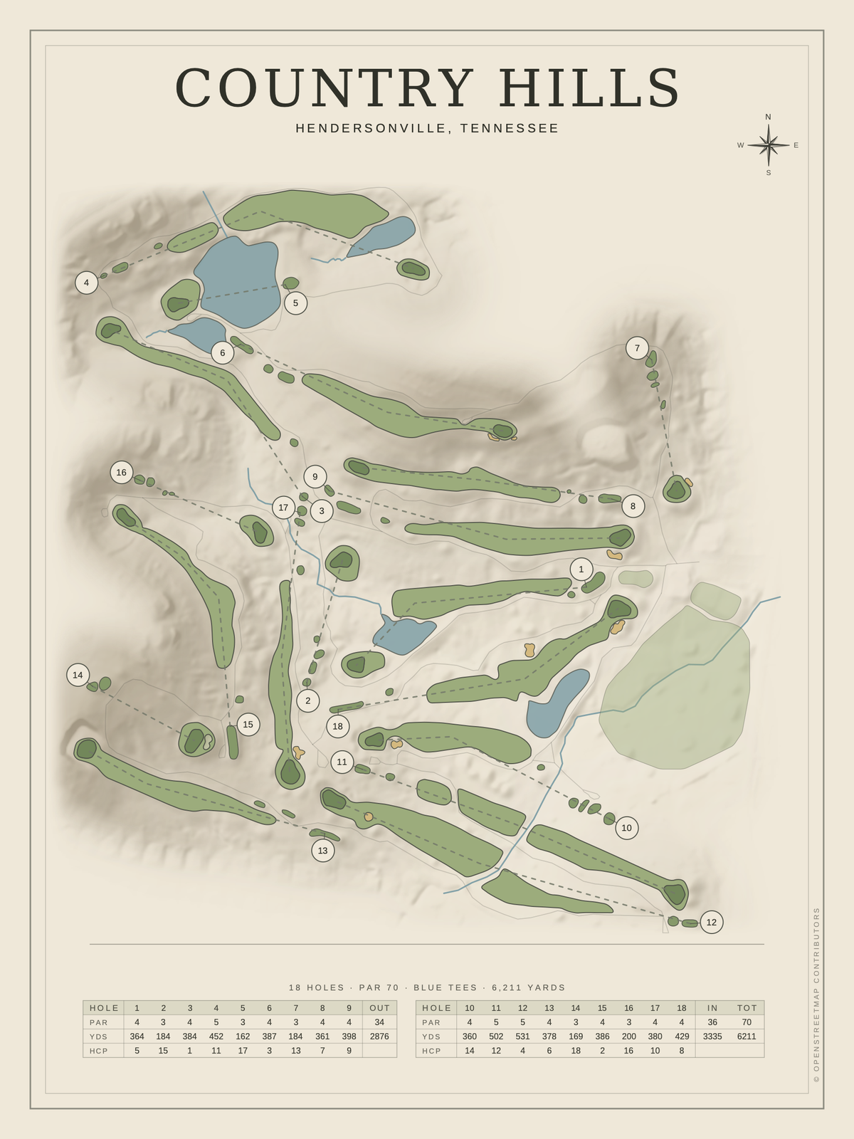 Country Hills course map poster, Classic style, 12×16 / 18×24