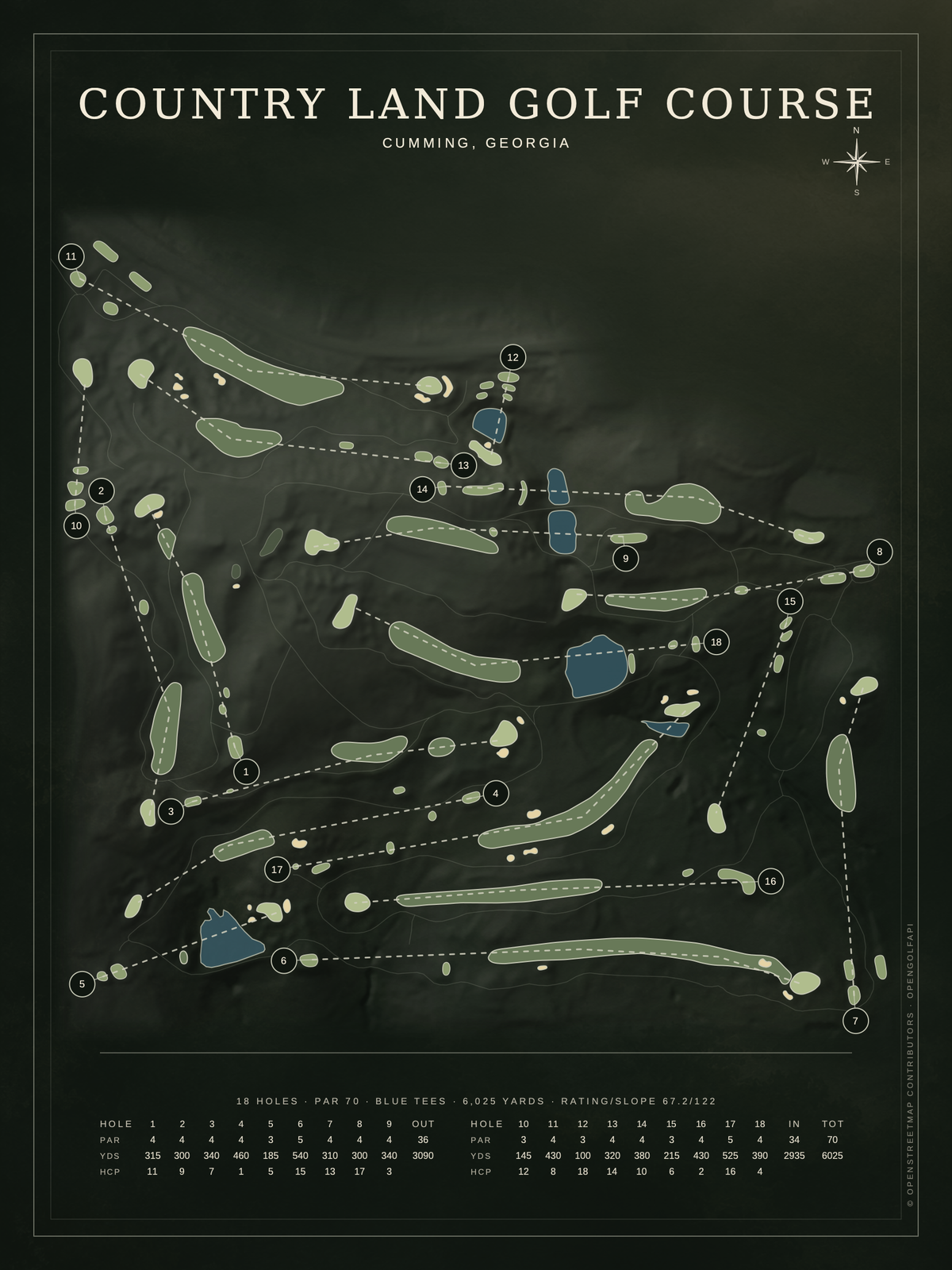 Country Land Golf Course map poster, Architectural style, 12×16 / 18×24