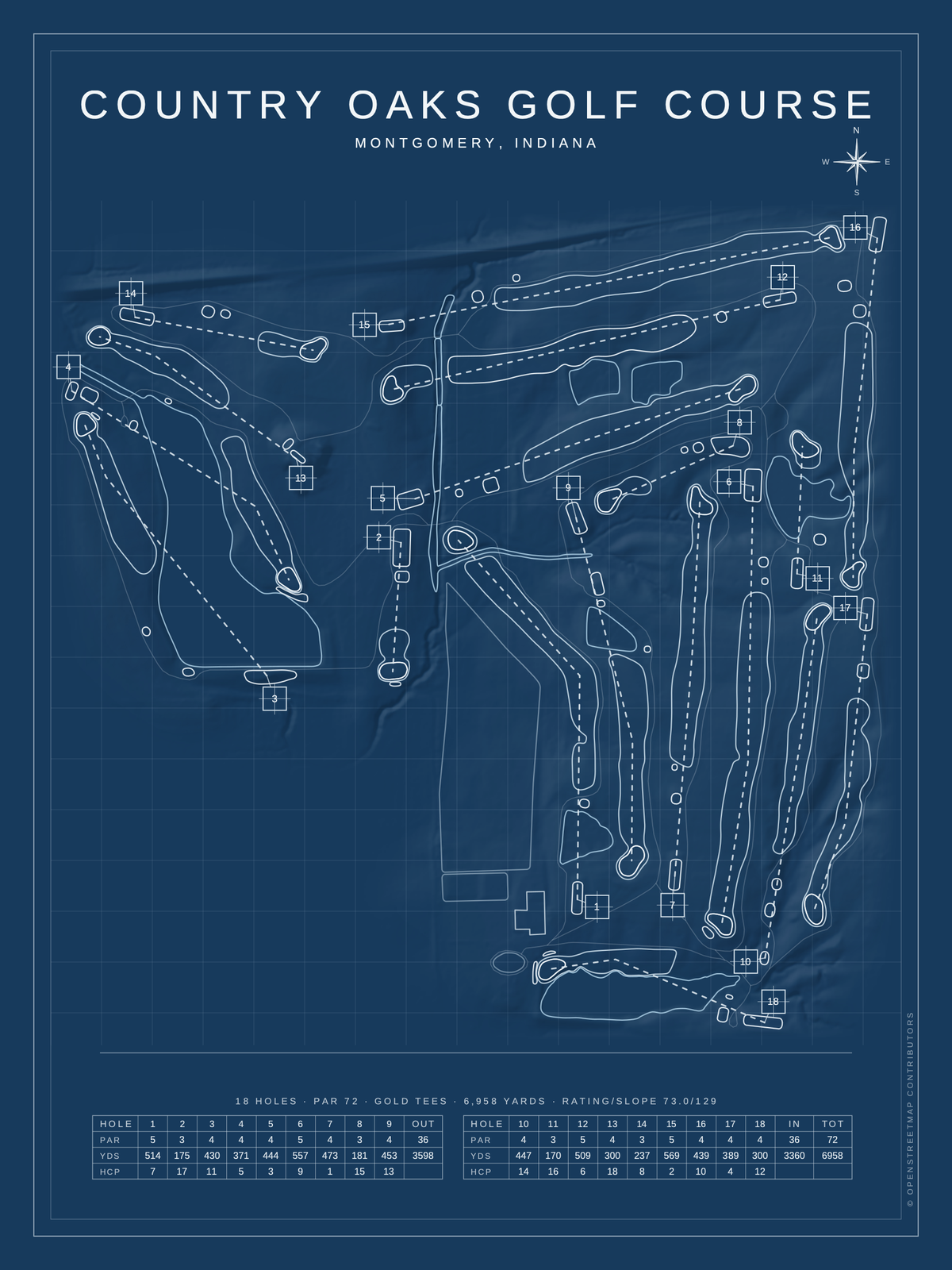 Country Oaks Golf Course map poster, Blueprint style, 12×16 / 18×24