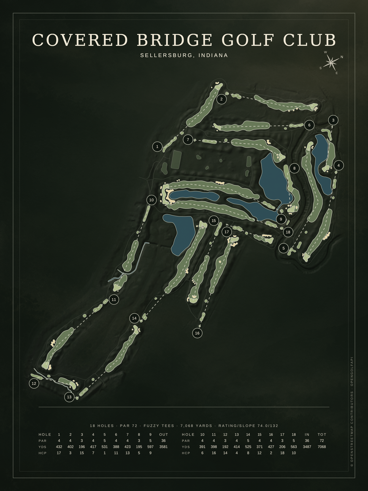Covered Bridge Golf Club course map poster, Architectural style, 12×16 / 18×24