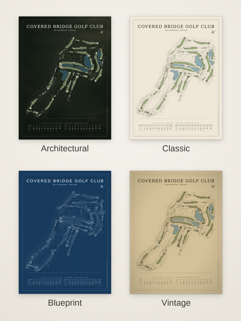 Covered Bridge Golf Club course map poster in four styles: Architectural, Classic, Blueprint and Vintage