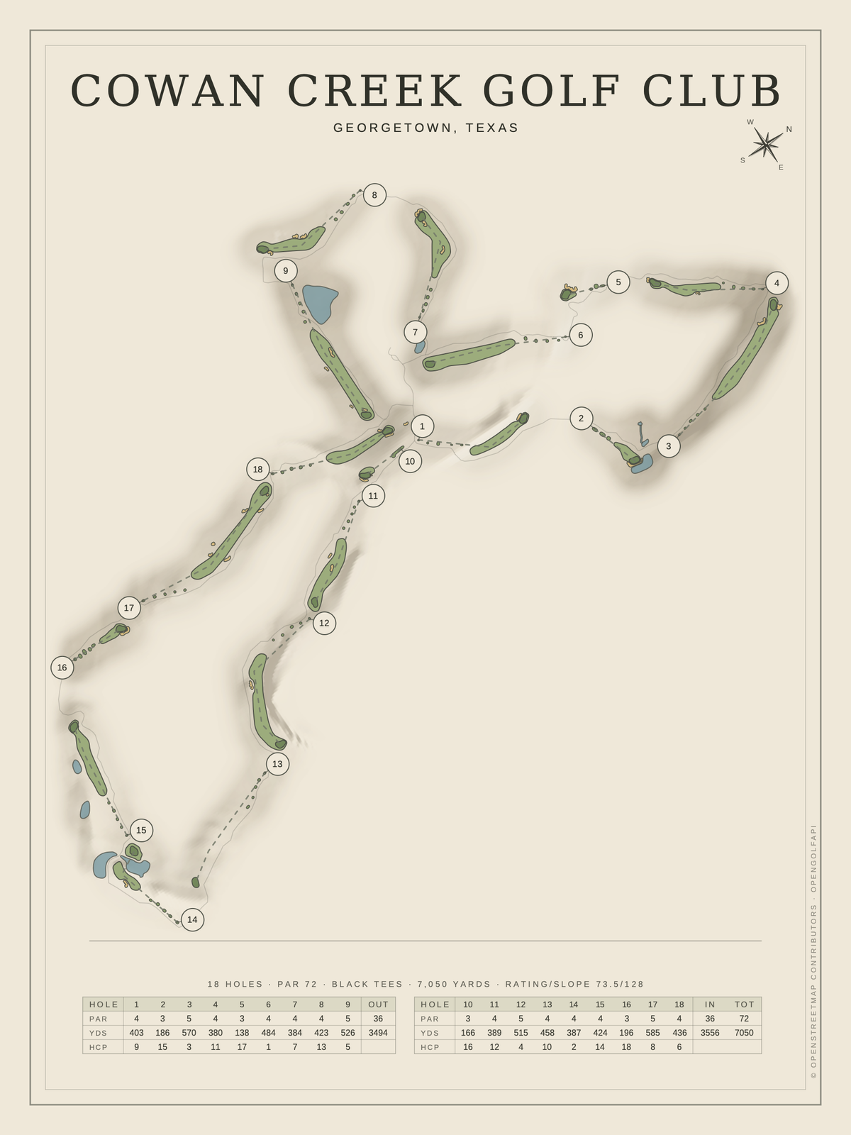 Cowan Creek Golf Club course map poster, Classic style, 12×16 / 18×24