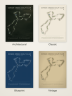 Cowan Creek Golf Club course map poster in four styles: Architectural, Classic, Blueprint and Vintage