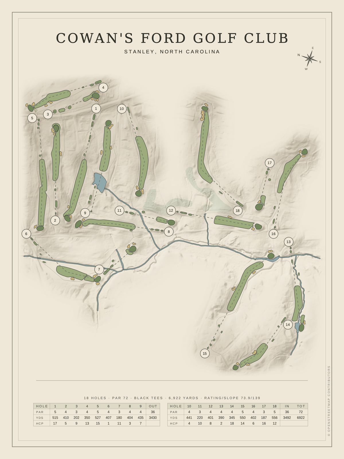 Cowan's Ford Golf Club course map poster, Classic style, 12×16 / 18×24