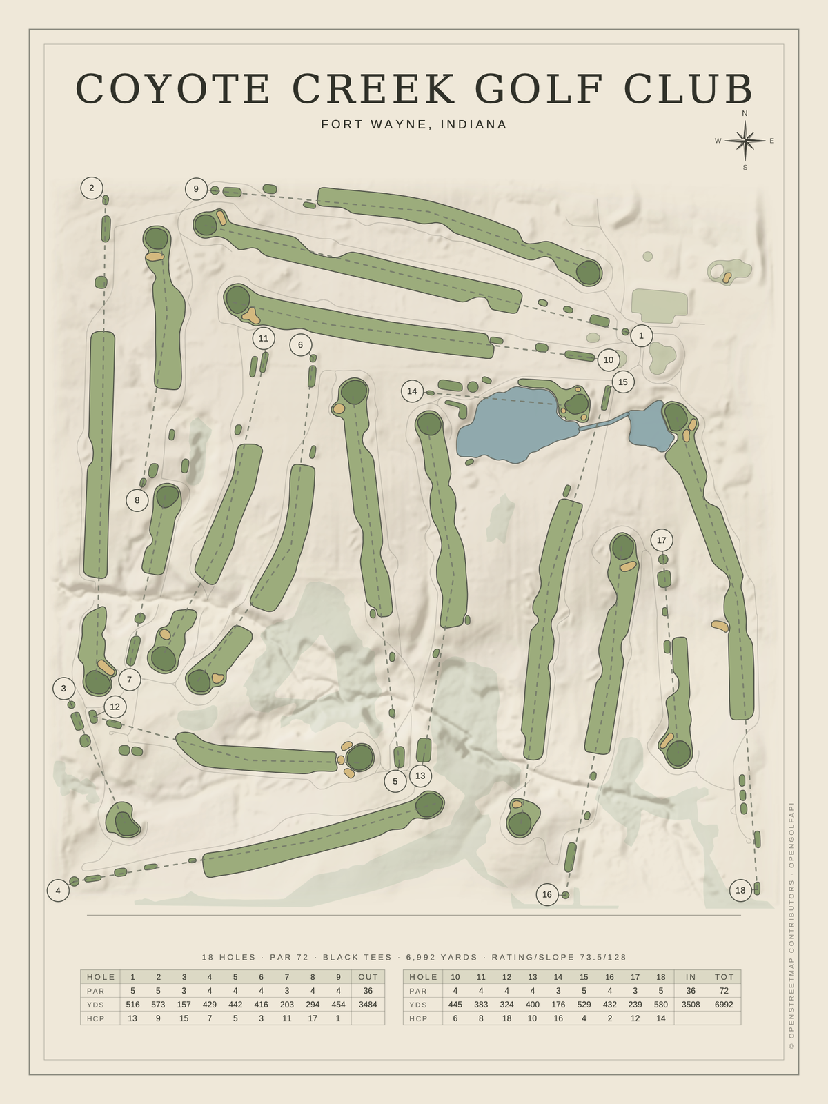 Coyote Creek Golf Club course map poster, Classic style, 12×16 / 18×24