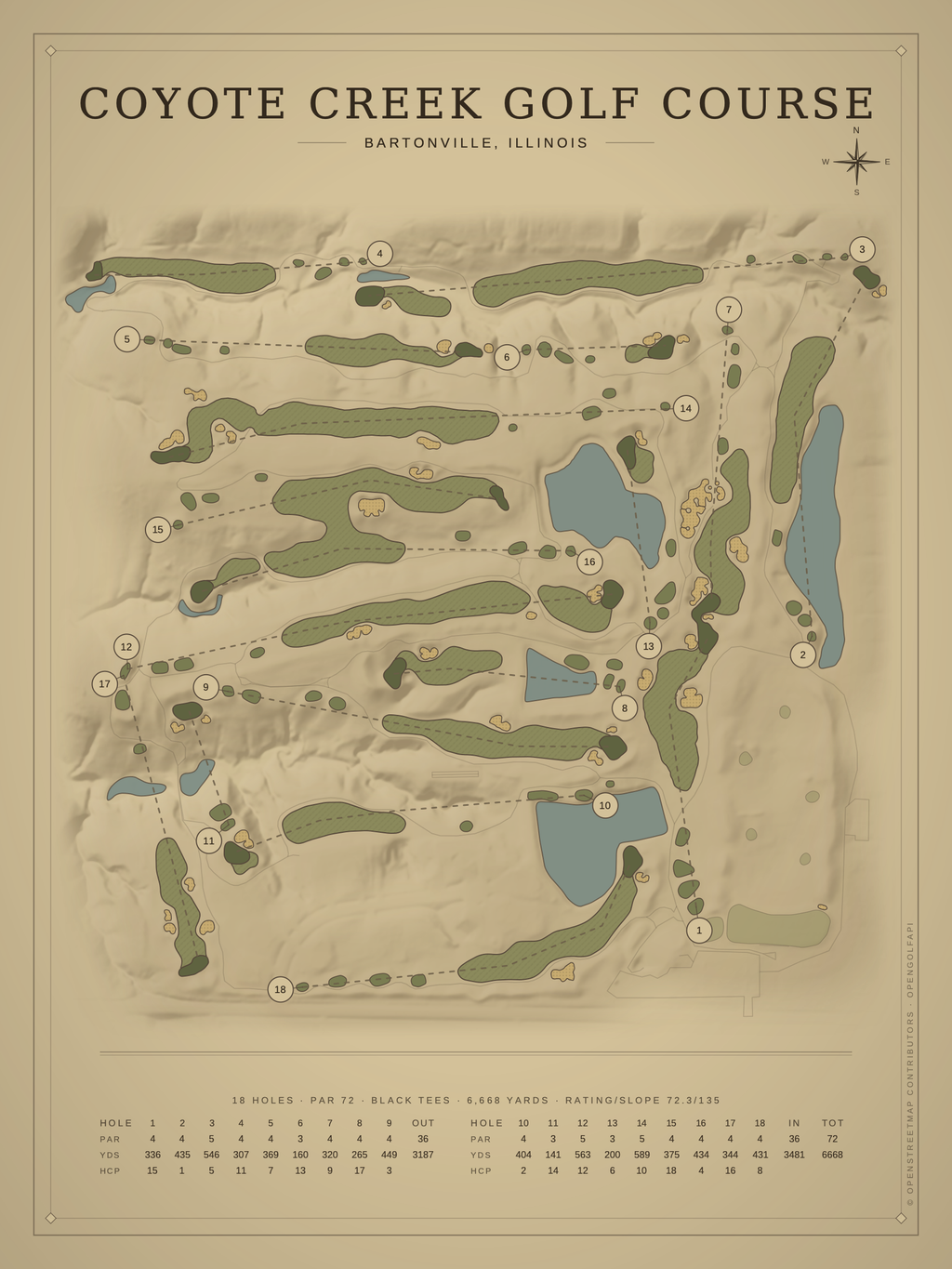 Coyote Creek Golf Course map poster, Vintage style, 12×16 / 18×24