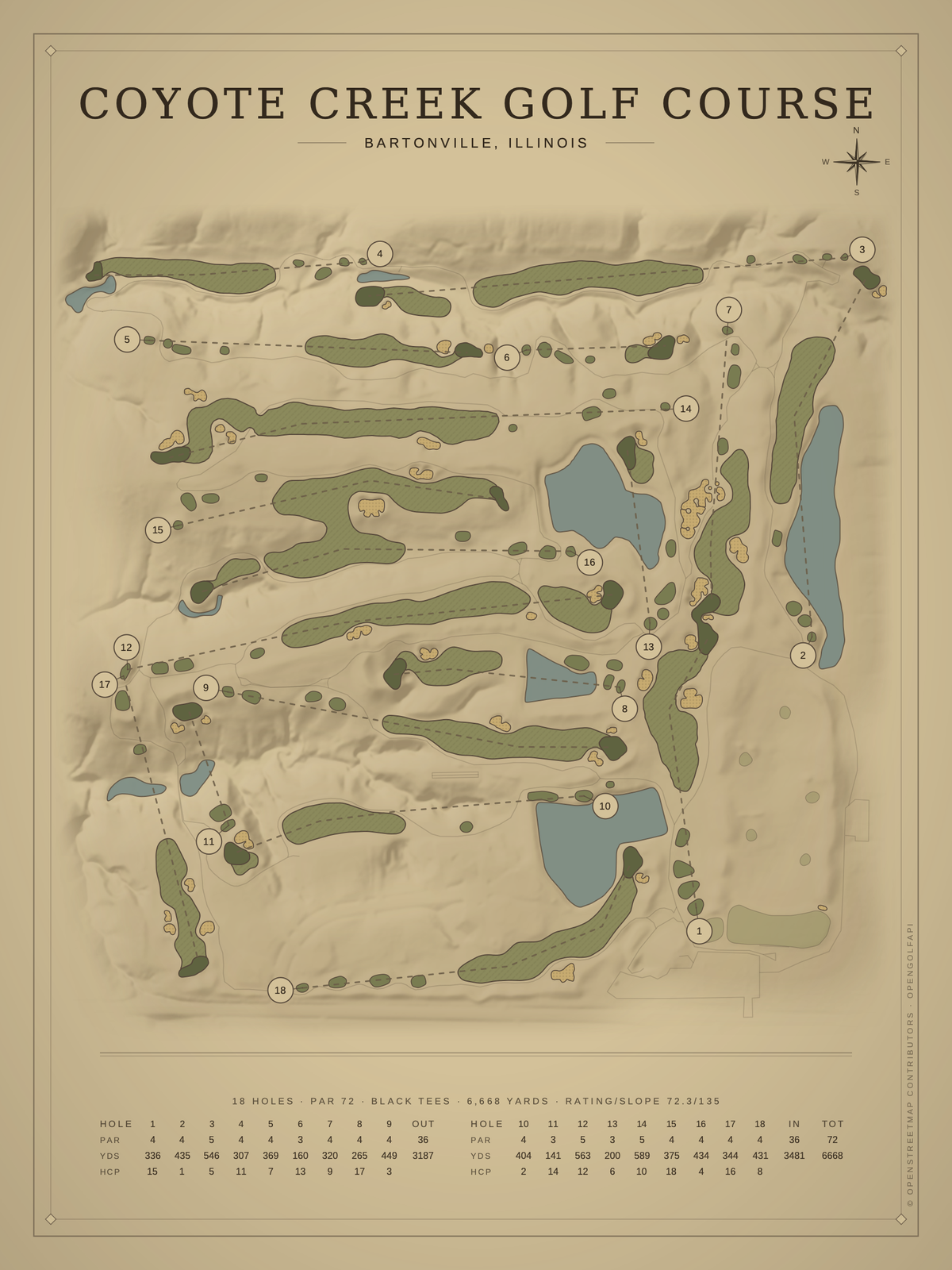 Coyote Creek Golf Course map poster, Vintage style, 12×16 / 18×24