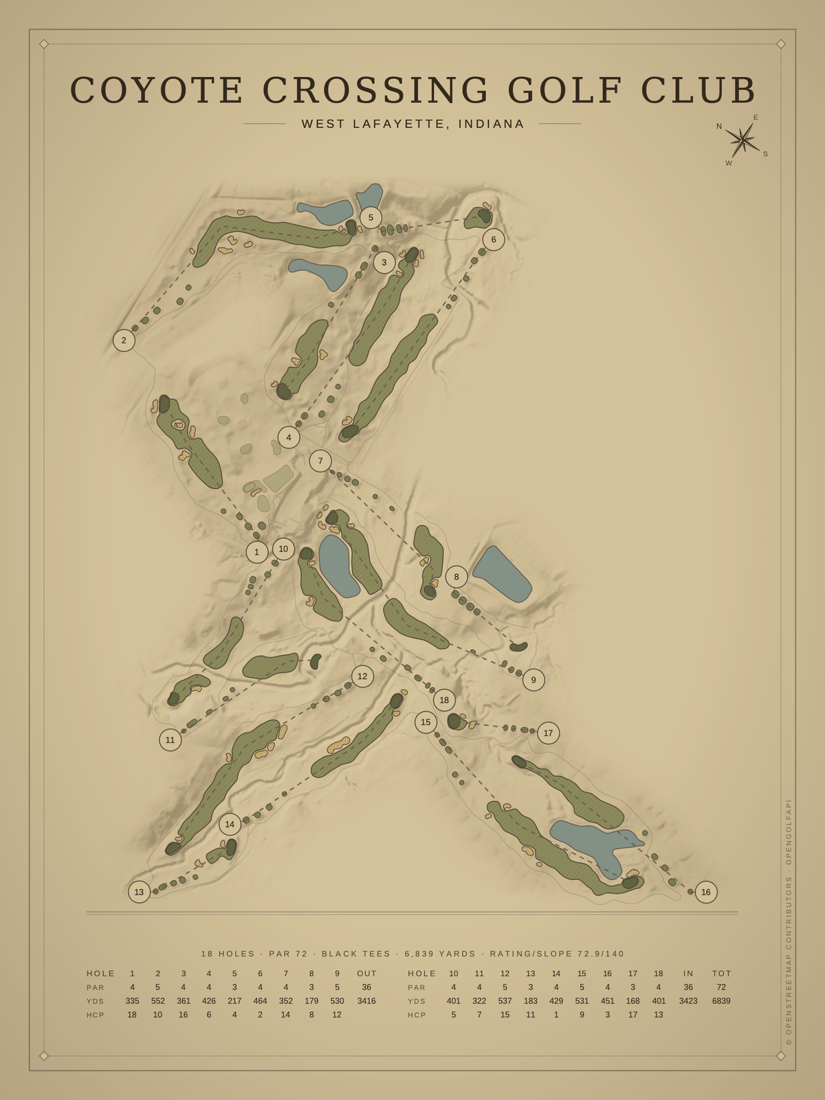 Coyote Crossing Golf Club course map poster, Vintage style, 12×16 / 18×24