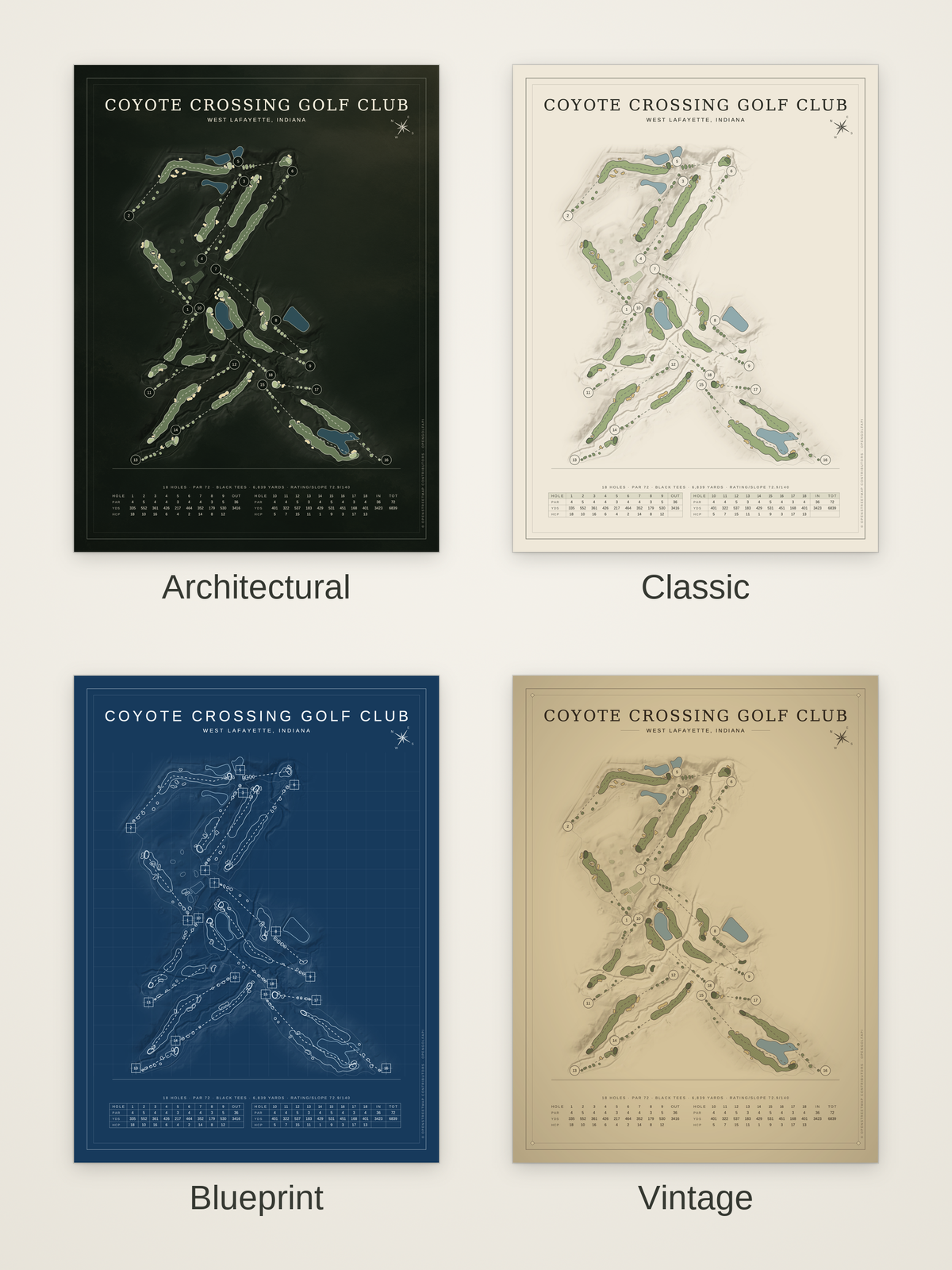 Coyote Crossing Golf Club course map poster in four styles: Architectural, Classic, Blueprint and Vintage