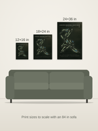 Coyote Crossing Golf Club course map poster in the Architectural style at 12×16, 18×24 and 24×36 inches, shown to scale on a wall above an 84-inch sofa