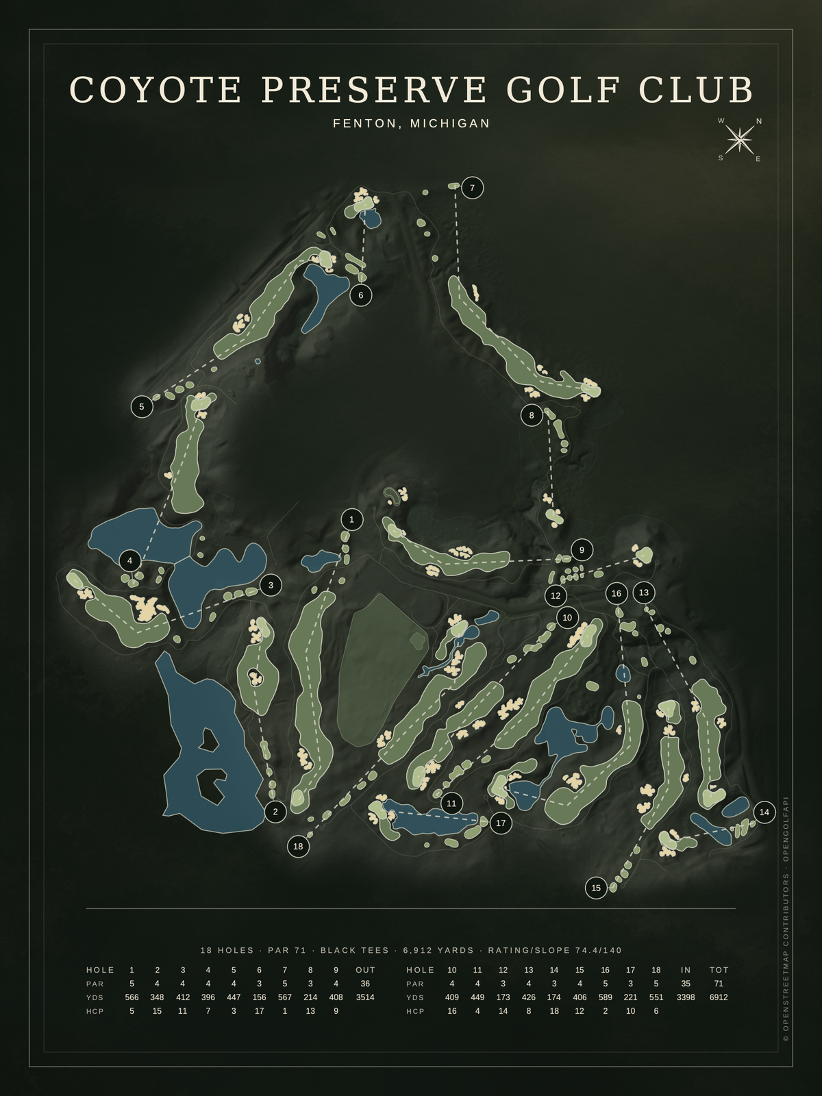 Coyote Preserve Golf Club course map poster, Architectural style, 12×16 / 18×24