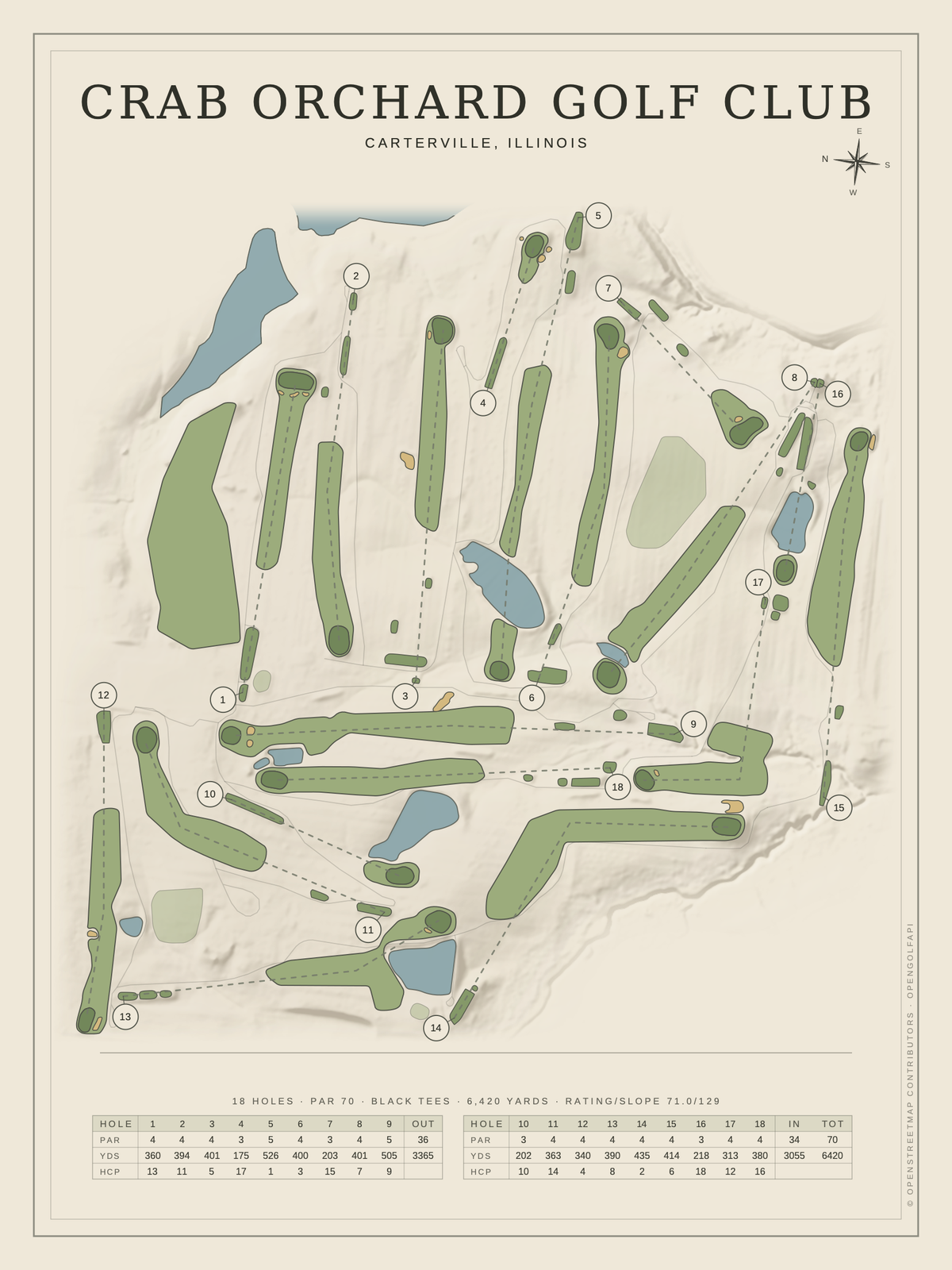 Crab Orchard Golf Club course map poster, Classic style, 12×16 / 18×24