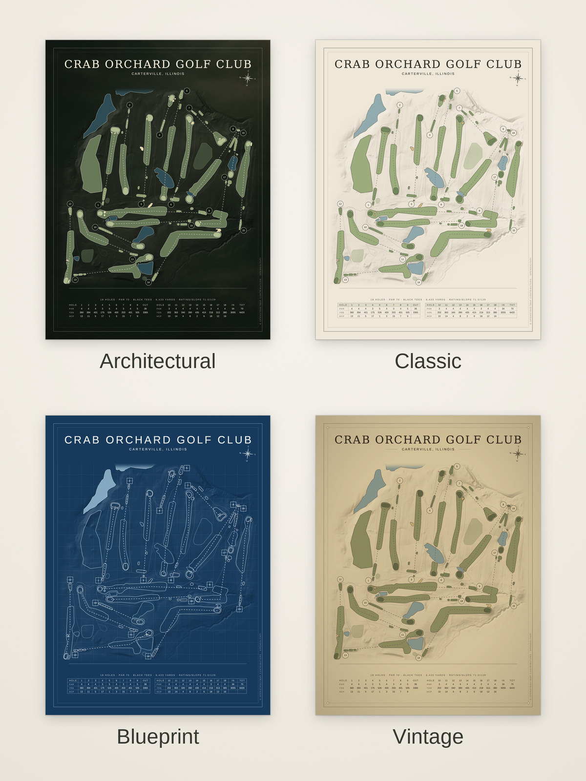 Crab Orchard Golf Club course map poster in four styles: Architectural, Classic, Blueprint and Vintage