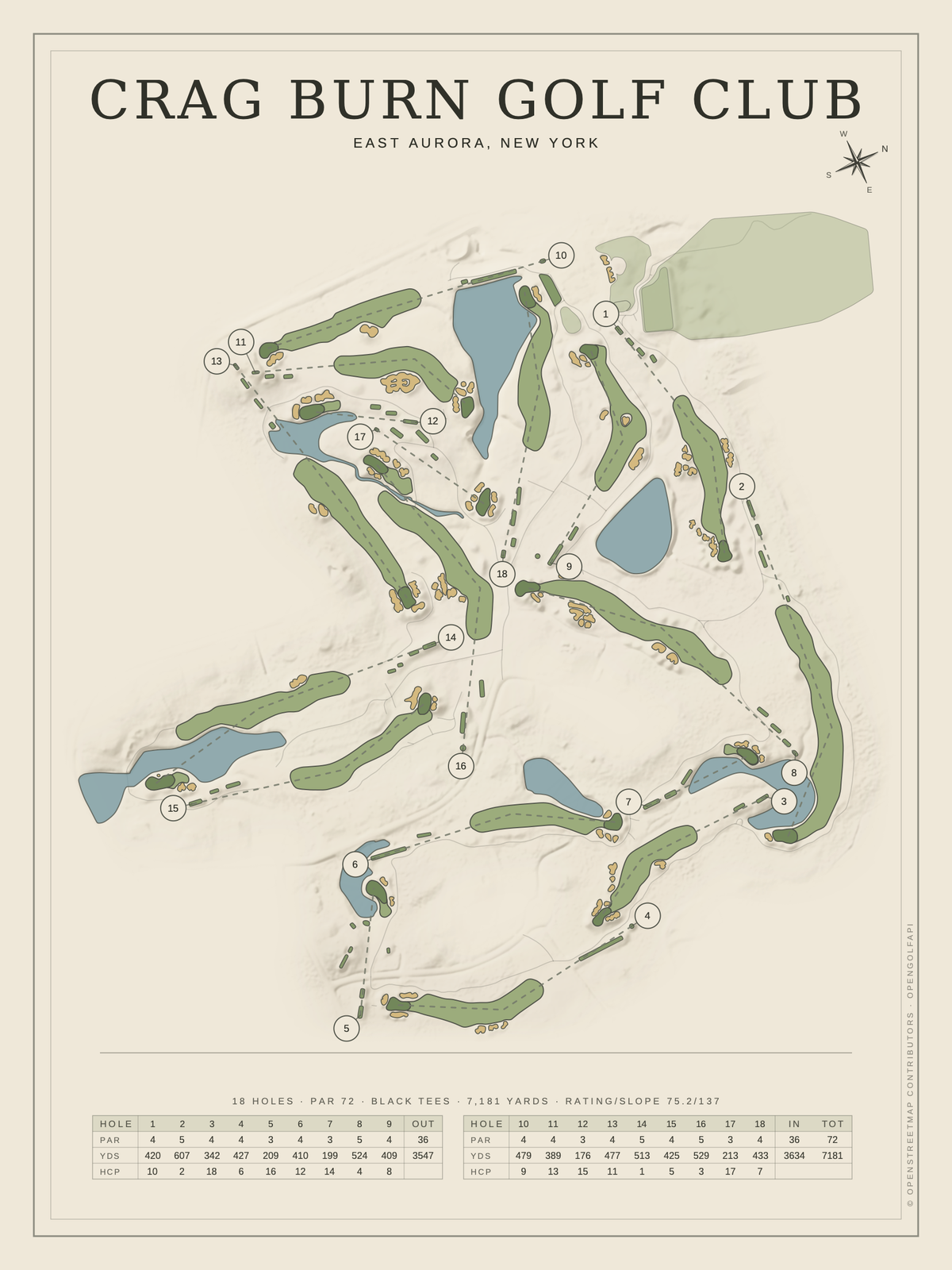 Crag Burn Golf Club course map poster, Classic style, 12×16 / 18×24