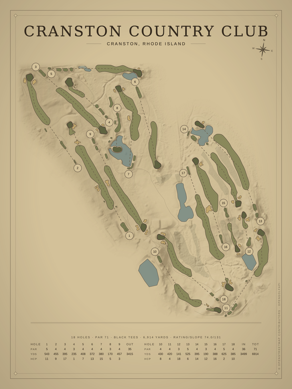 Cranston Country Club course map poster, Vintage style, 12×16 / 18×24