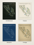 Cranston Country Club course map poster in four styles: Architectural, Classic, Blueprint and Vintage