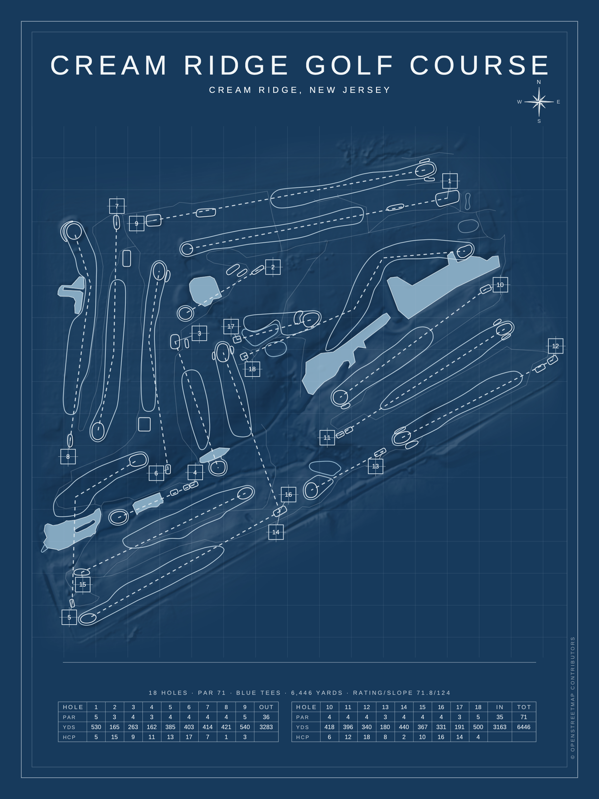 Cream Ridge Golf Course map poster, Blueprint style, 12×16 / 18×24